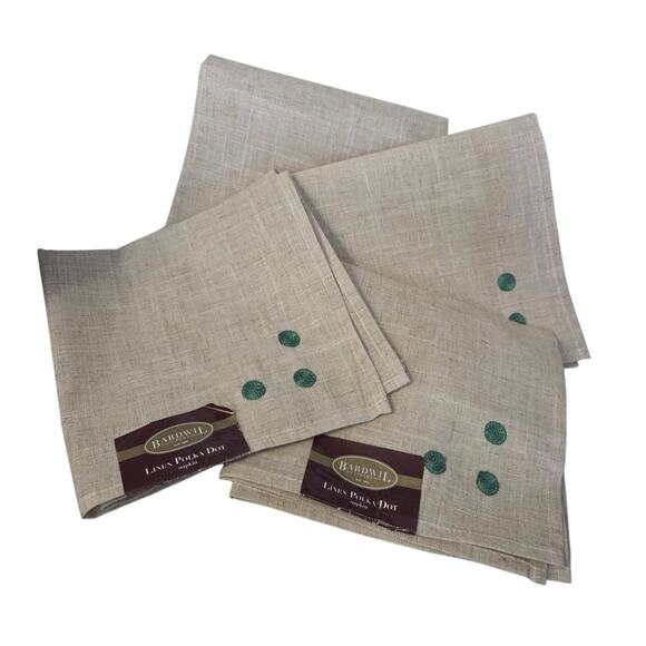 Lot 4 New Bardwil Linen Cloth Napkins Green Polka Dot Embroidered Burlap - Picture 1 of 5